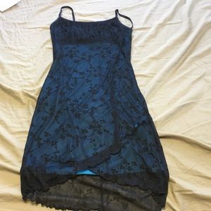 Navy blue dress with black flower over lay